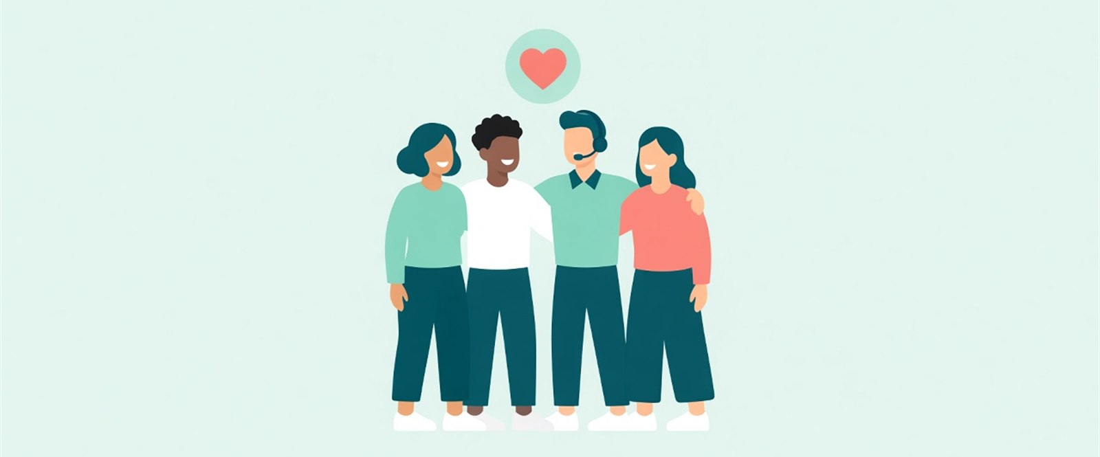 Illustration of a group of patients standing together with a support person wearing a headset
