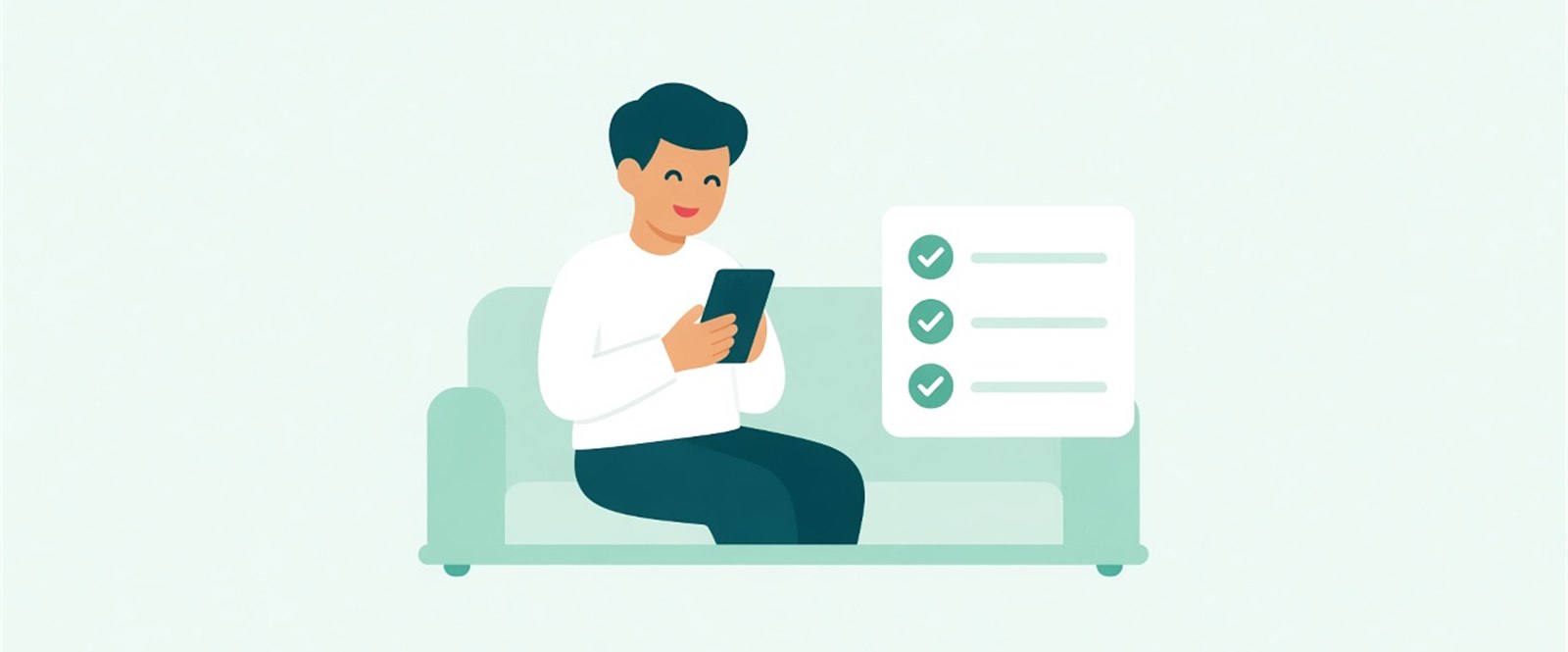 Illustration of a patient on a sofa with their phone next to a fully checked task list