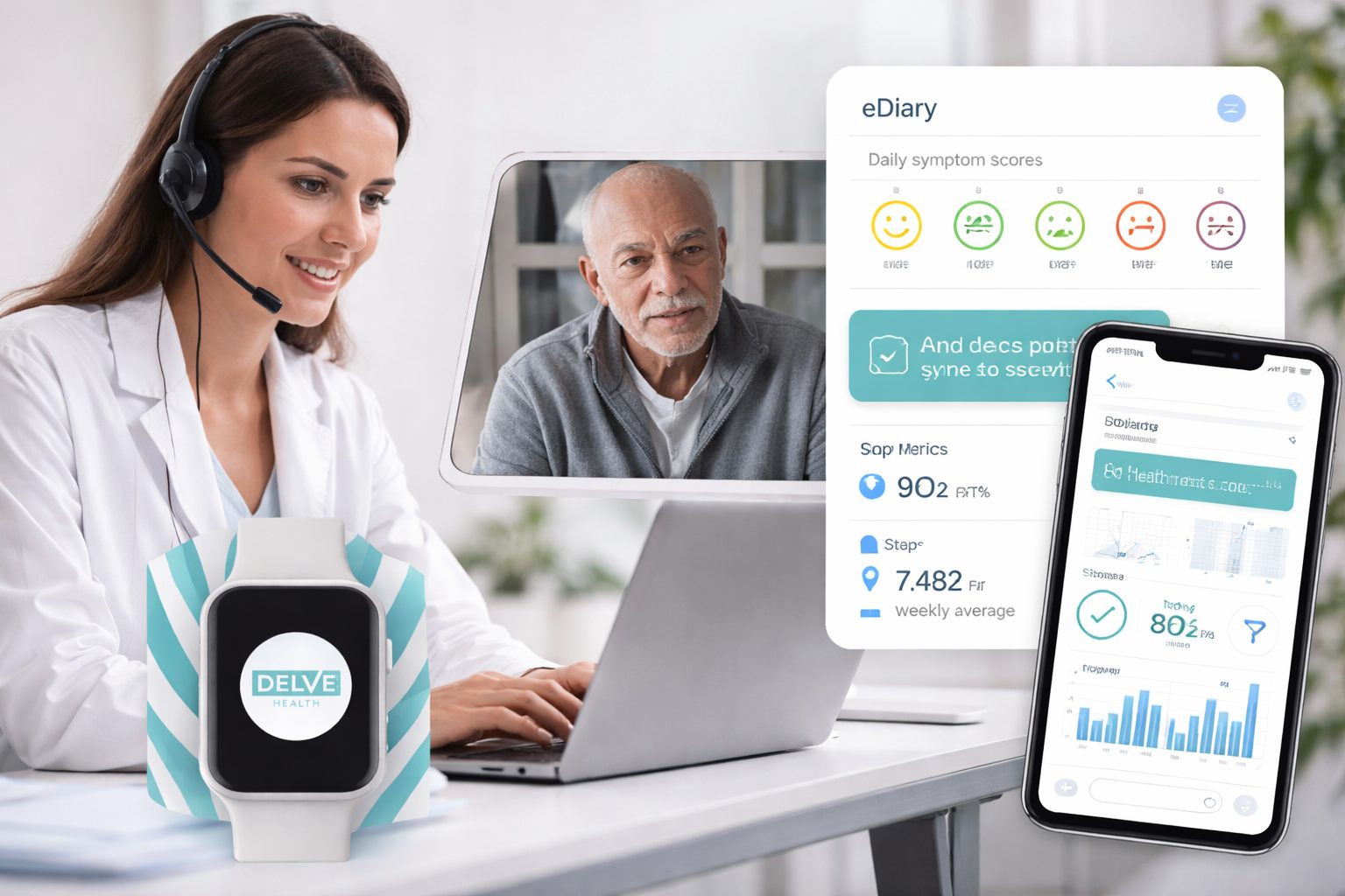 A clinical trial concierge supporting a patient by video call, with eCOA and wearable data in view
